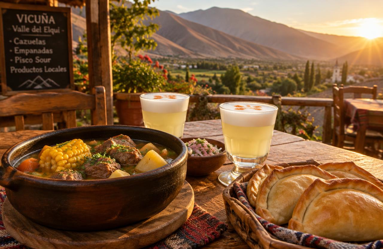 Mesa del restaurant Amigo Turista con cazuela, pisco sour y empanadas al atardecer en Vicuña, Valle del Elqui